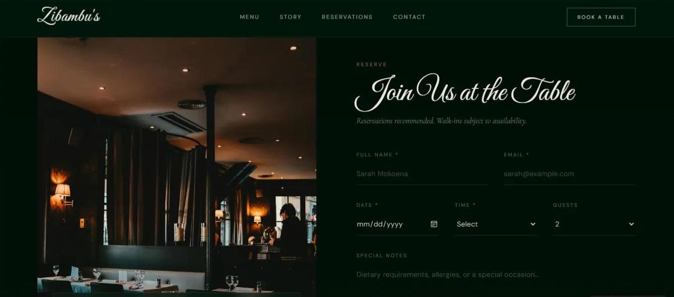 Zibambu's restaurant reservations page