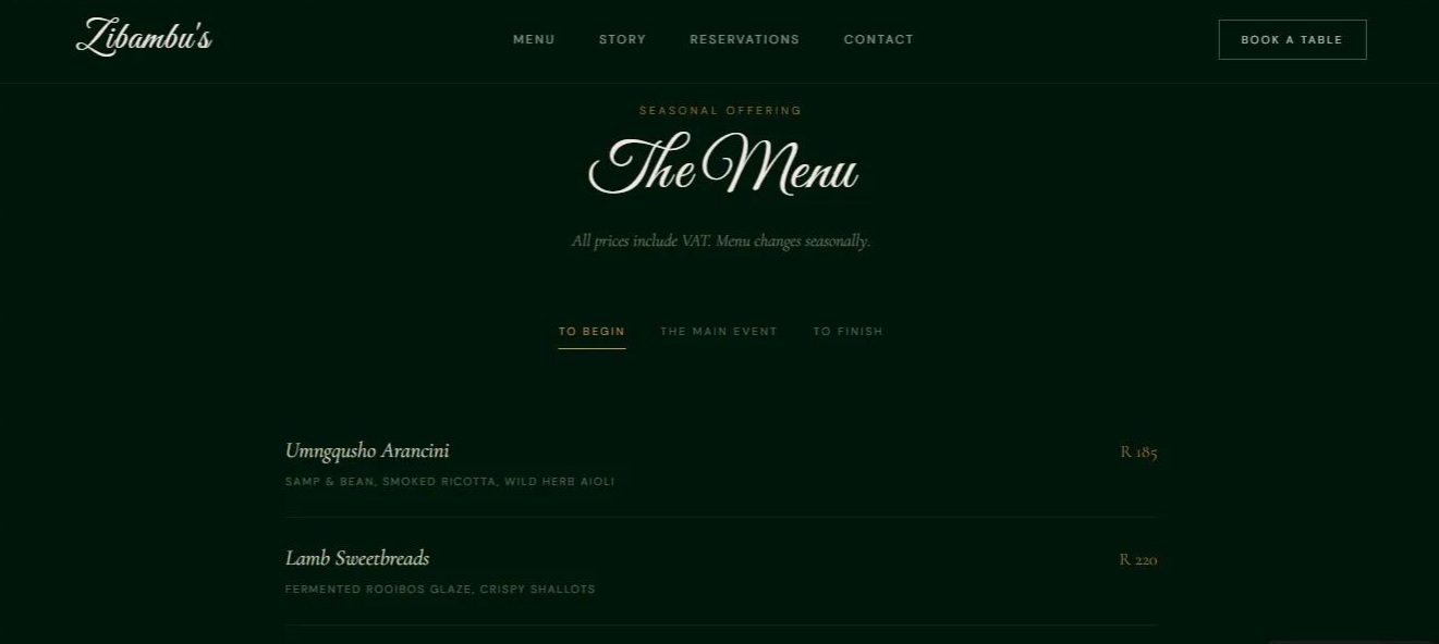 Zibambu's restaurant menu page